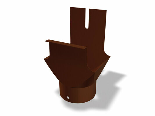 The image shows a brown PREFA box gutter outlet made from high-quality aluminium. The gutter outlet serves as a transition piece from the box gutter to the downpipe and ensures efficient drainage of rainwater. It is available in various sizes: 250 × Ø 80, 333 × Ø 100, 400 × Ø 120, 500 × Ø 120 and 500 × Ø 150.