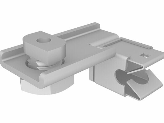 PREFA square downpipe lightning protection clamp with integrated stainless steel clip as cable holder, including fastener for securing. This clamp is used to securely fasten cables with a diameter of Ø 8–12 mm and ensures reliable installation.