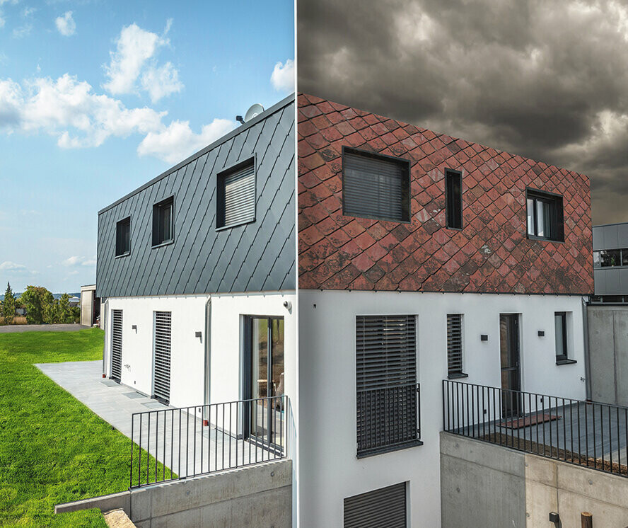 One hand holds a smartphone with a photo of a house with the PREFA photo service - you can recognise the house with and without a PREFA roof.