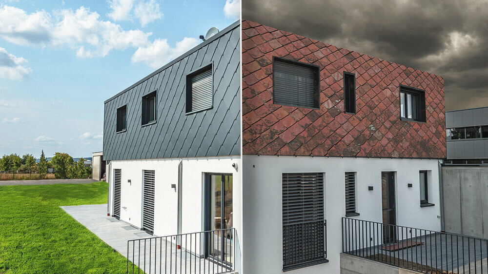 One hand holds a smartphone with a photo of a house with the PREFA photo service - you can recognise the house with and without a PREFA roof.