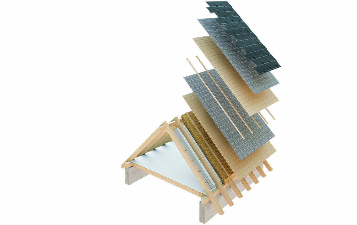 Technical drawing of a cold roof structure, multi-skin roof structure with battens, full casing, separation layer, truss; attic can be used as living space; double-skin roof structure, ventilated roof construction; counter battens