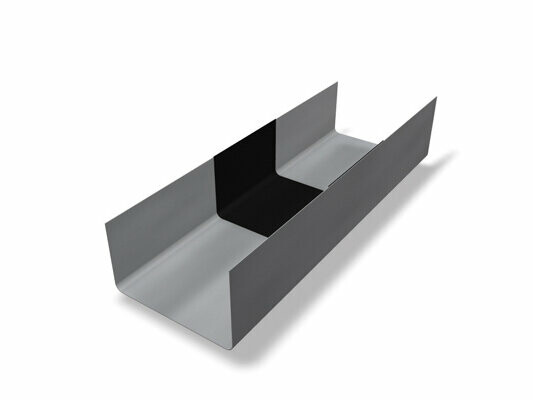 The image shows a gray PREFA box gutter expansion joint without bead and cover plate made of robust aluminum. This connecting element is used to extend box gutters with a precise fit and ensures tight, reliable roof drainage. The box gutter expansion joint is available in gutter sizes 250, 333, and 400.