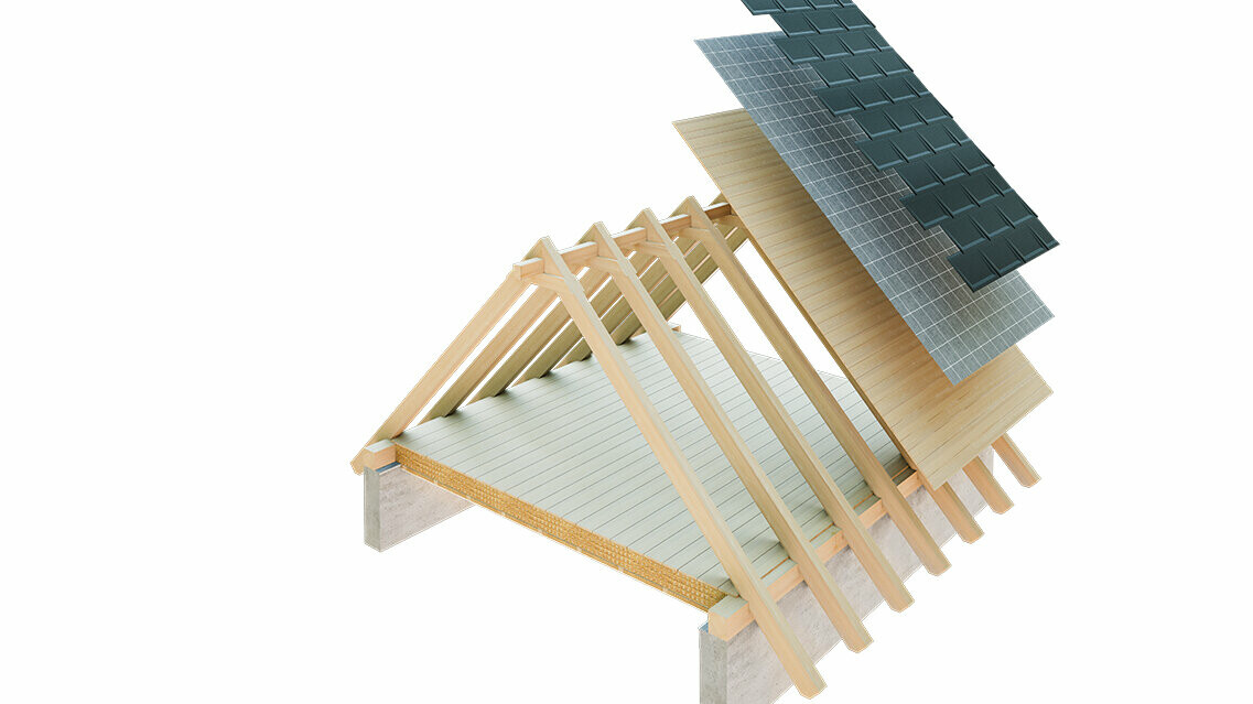 PREFA technical drawing of a single-skin roof structure – the attic cannot be used as a living space because it acts as the ventilation layer for the metal roof; full casing and separation layer without battens; warm roof