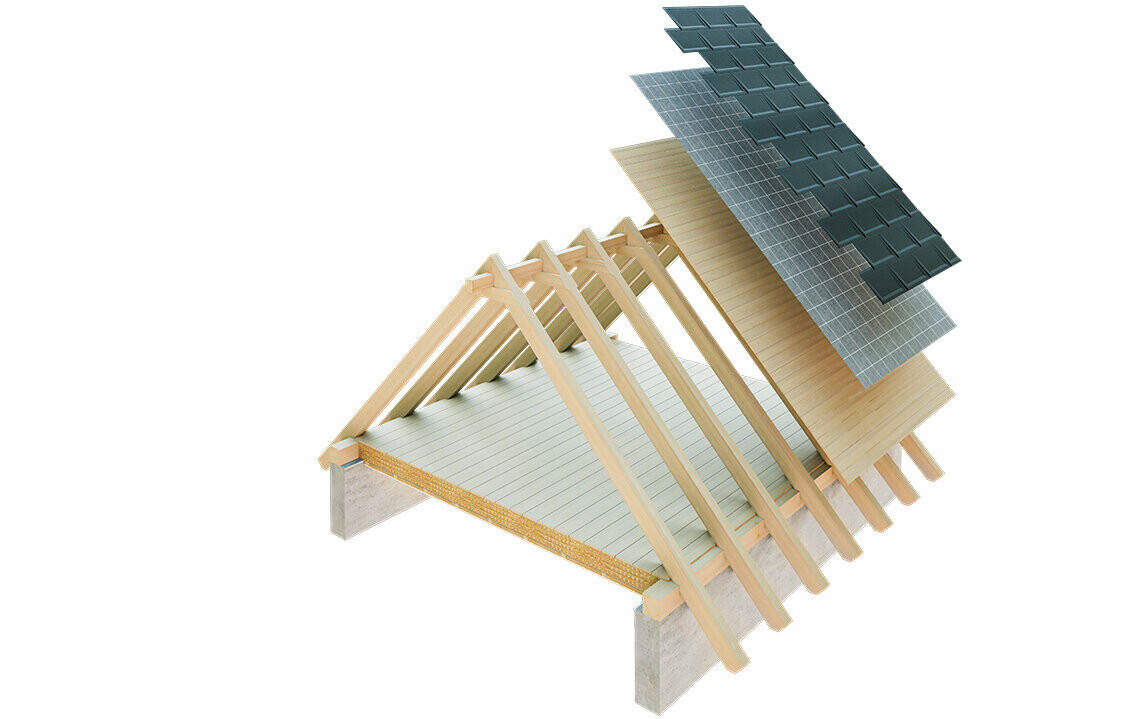 PREFA technical drawing of a single-skin roof structure – the attic cannot be used as a living space because it acts as the ventilation layer for the metal roof; full casing and separation layer without battens; warm roof