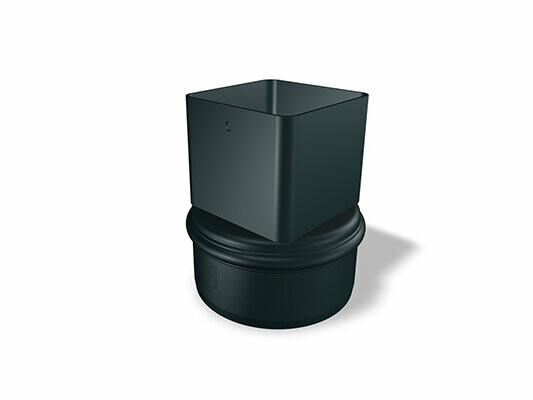 PREFA square-to-round adapter 80, available in sizes 80 Ø 106 mm and 80 Ø 115 mm, is used for flexible connection of square downpipes and ensures reliable sealing in roof drainage systems.