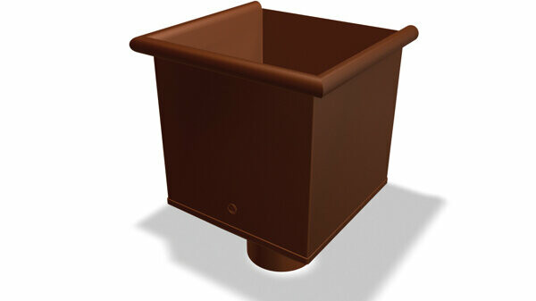 PREFA leader heads, available in sizes Ø 80, 100, 120 and 150 mm, are used to collect and direct rainwater in roof drainage systems.