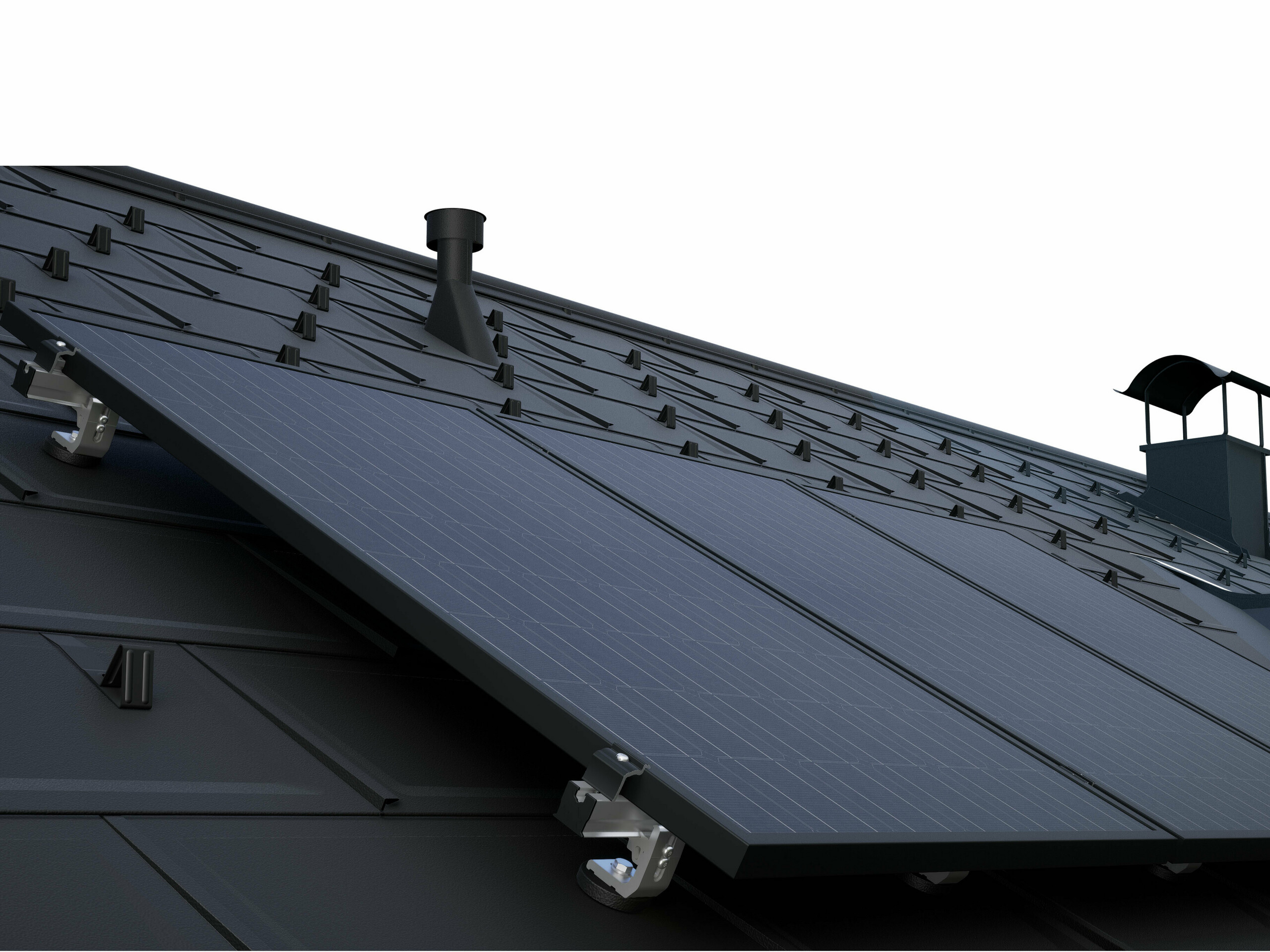 PV modules mounted with the PREVARIO solar panel mounting system on a dark PREFA roof with R.16 roof tiles.