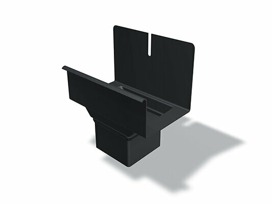 PREFA square downpipe outlet, available in sizes 80/250, 80/333, 100/333 and 100/400 mm, is used for the effective collection and drainage of rainwater in roof drainage systems.